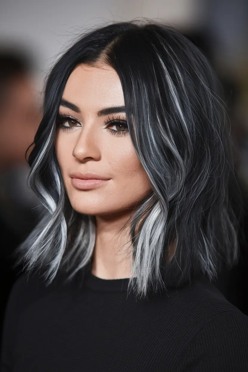Fall 2025 Hairstyle + Hair Color Inspiration Textured Waves with Smoky Silver Streaks