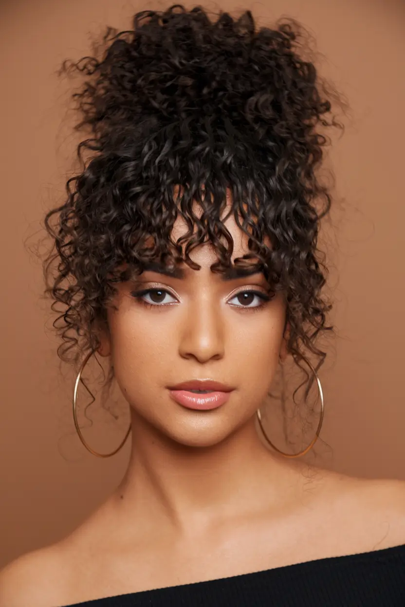 Fall 2025 Hairstyle + Hair Color Inspiration Curly High Bun with Fringe