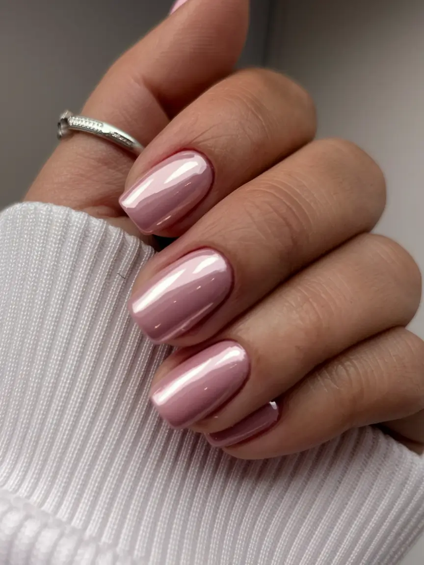 Fall 2025 Nail Color Ideas for 40+ Women Soft Metallic Pink Glow