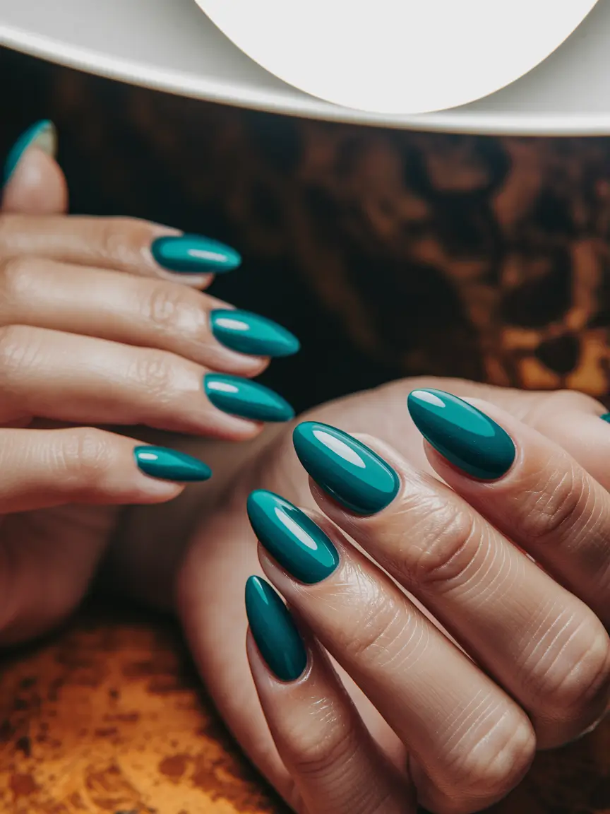 Fall 2025 Nail Color Ideas for 40+ Women Teal Jewel-Tone Nails