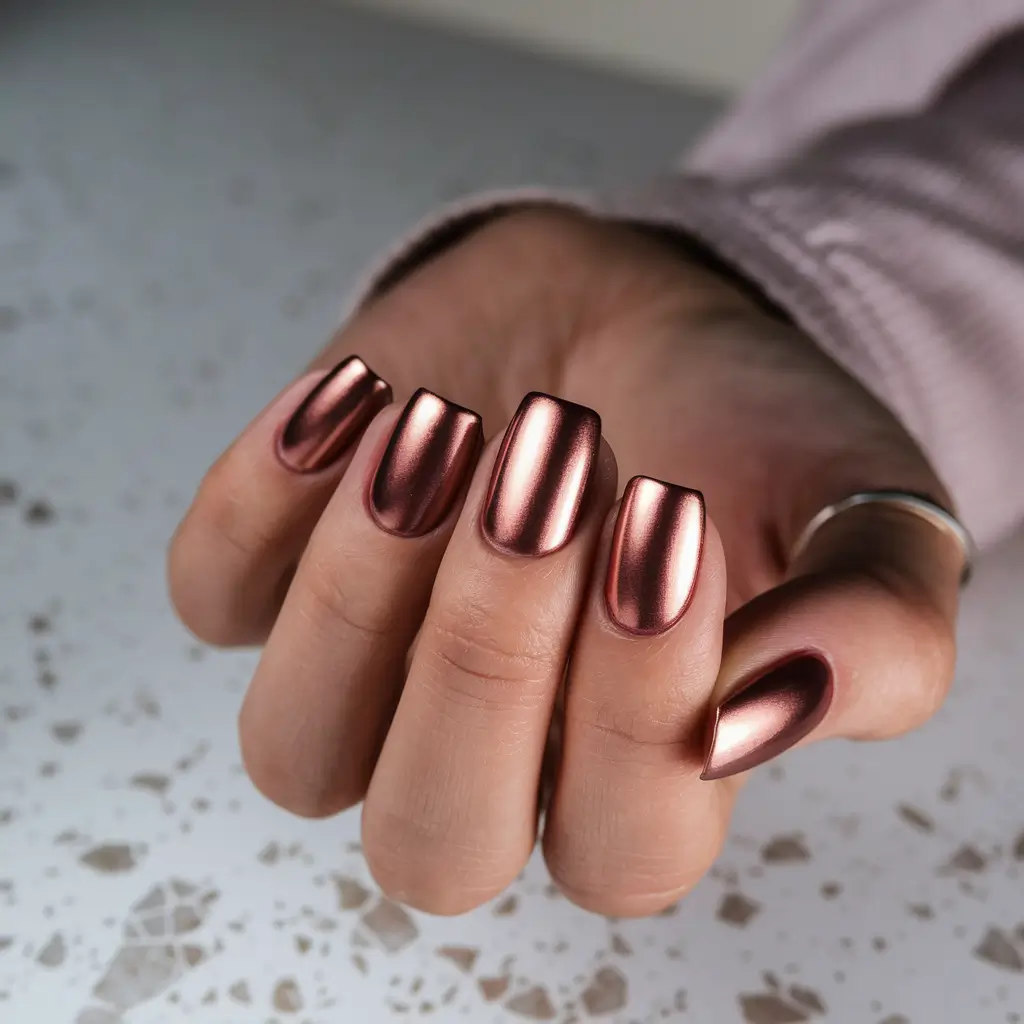 Fall 2025 Nail Color Ideas for 40+ Women Bronze Metallic Shine