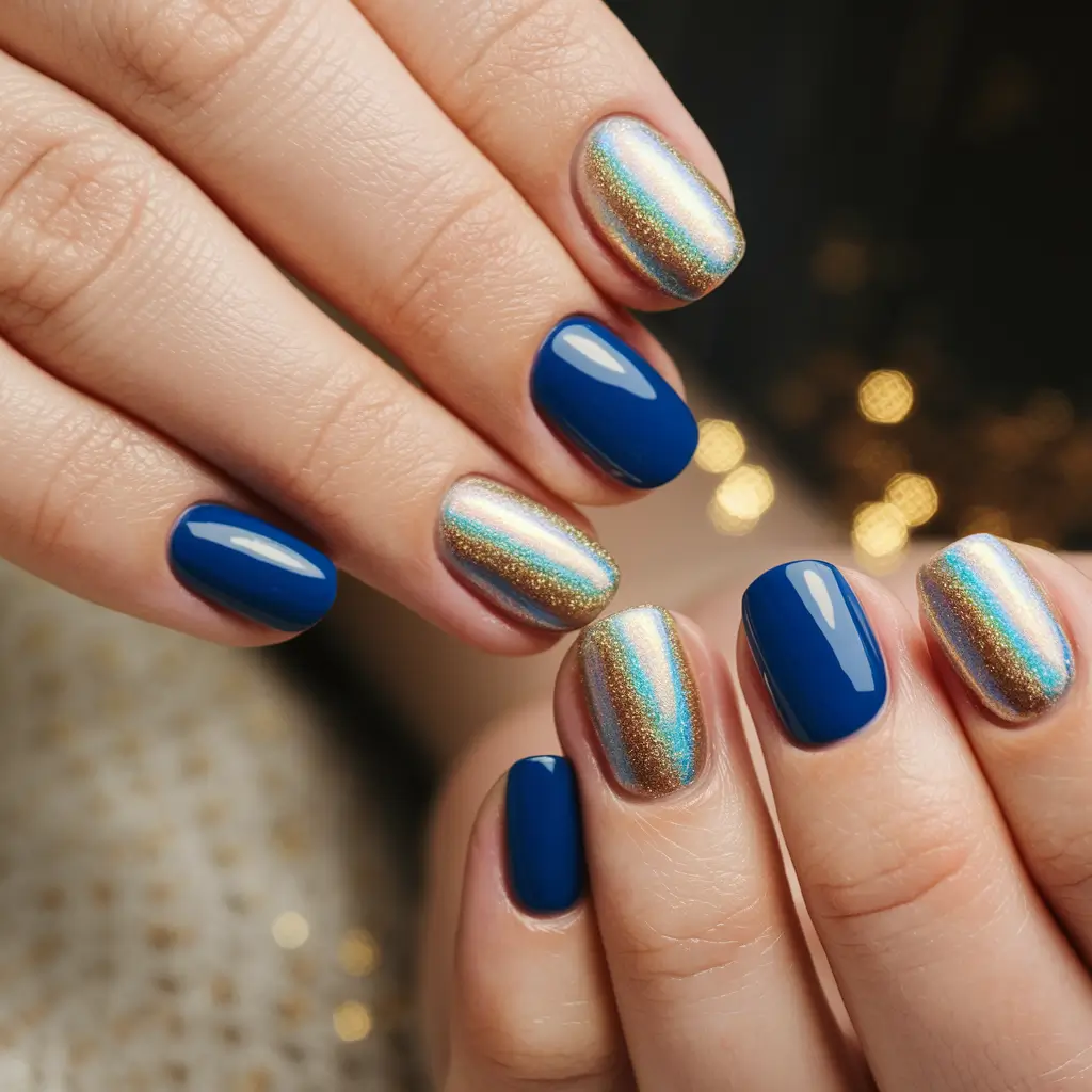 Fall 2025 Nail Color Ideas for 40+ Women Royal Blue with Golden Shimmer