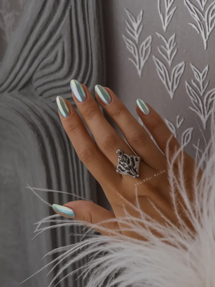 Fall 2025 Nail Color Ideas for 40+ Women Pearlescent Chrome Finish