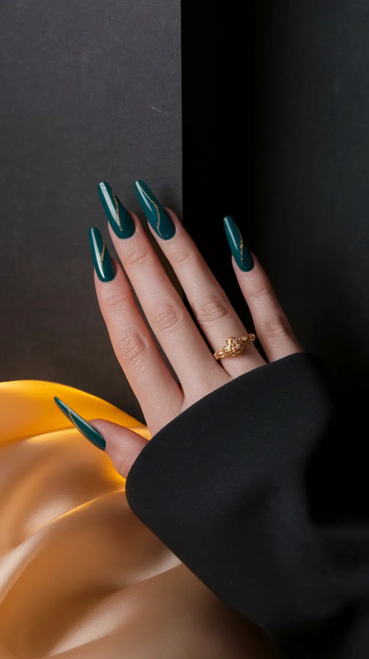 Fall 2025 Nail Colors for Fair Skin Emerald Waves with Gold Veins