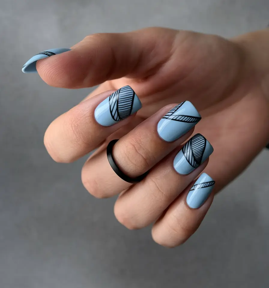 Fall 2025 Nail Colors for Fair Skin Frosted Sky with Graphic Lines