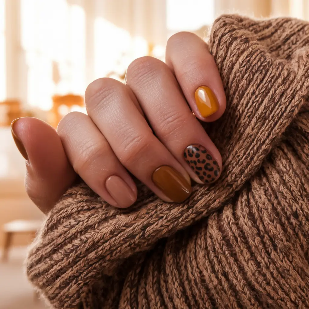Fall 2025 Oval Shape Nails Leopard Accent With Spiced Neutrals