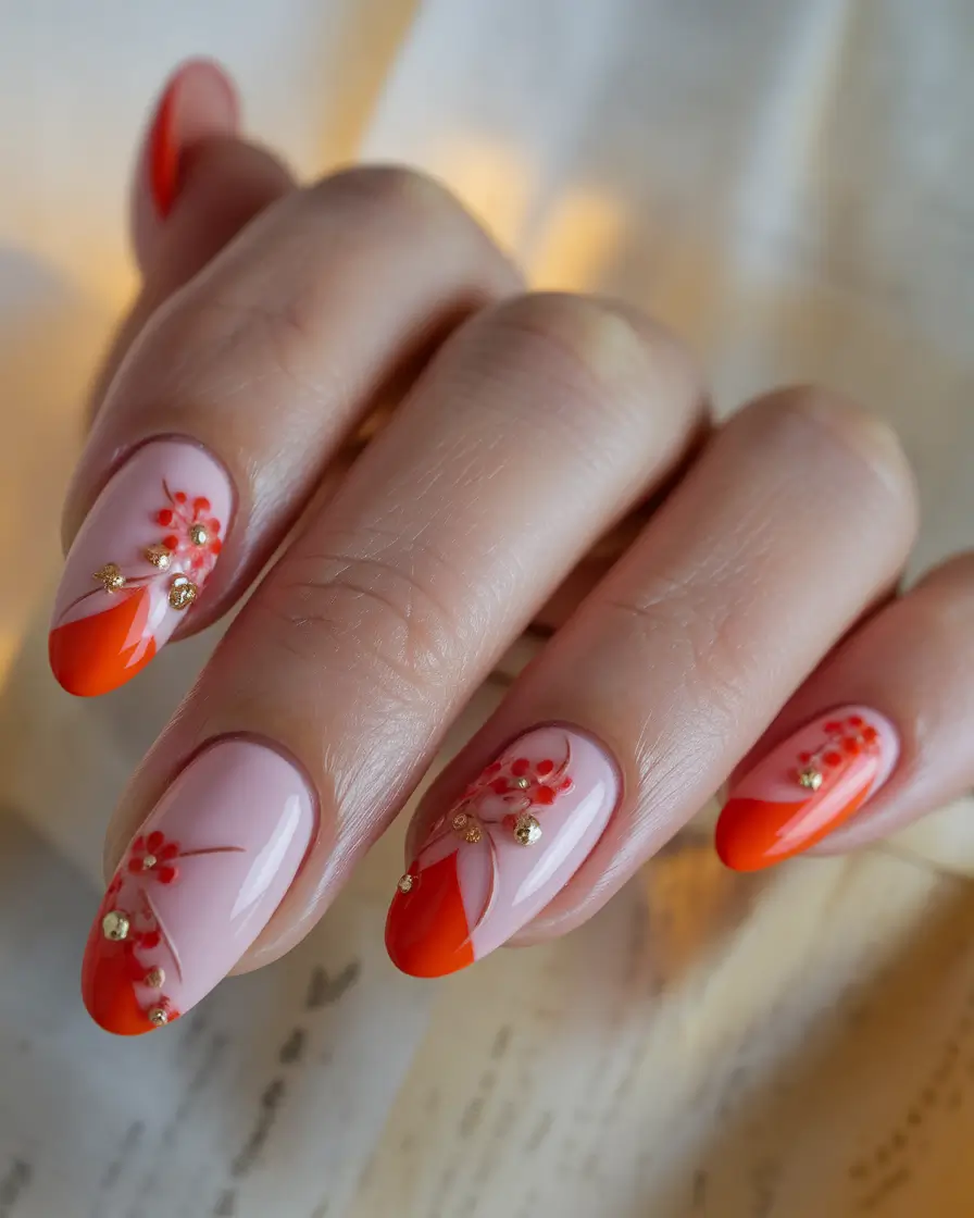 Fall 2025 Oval Shape Nails Floral Art and Fiery French Tips