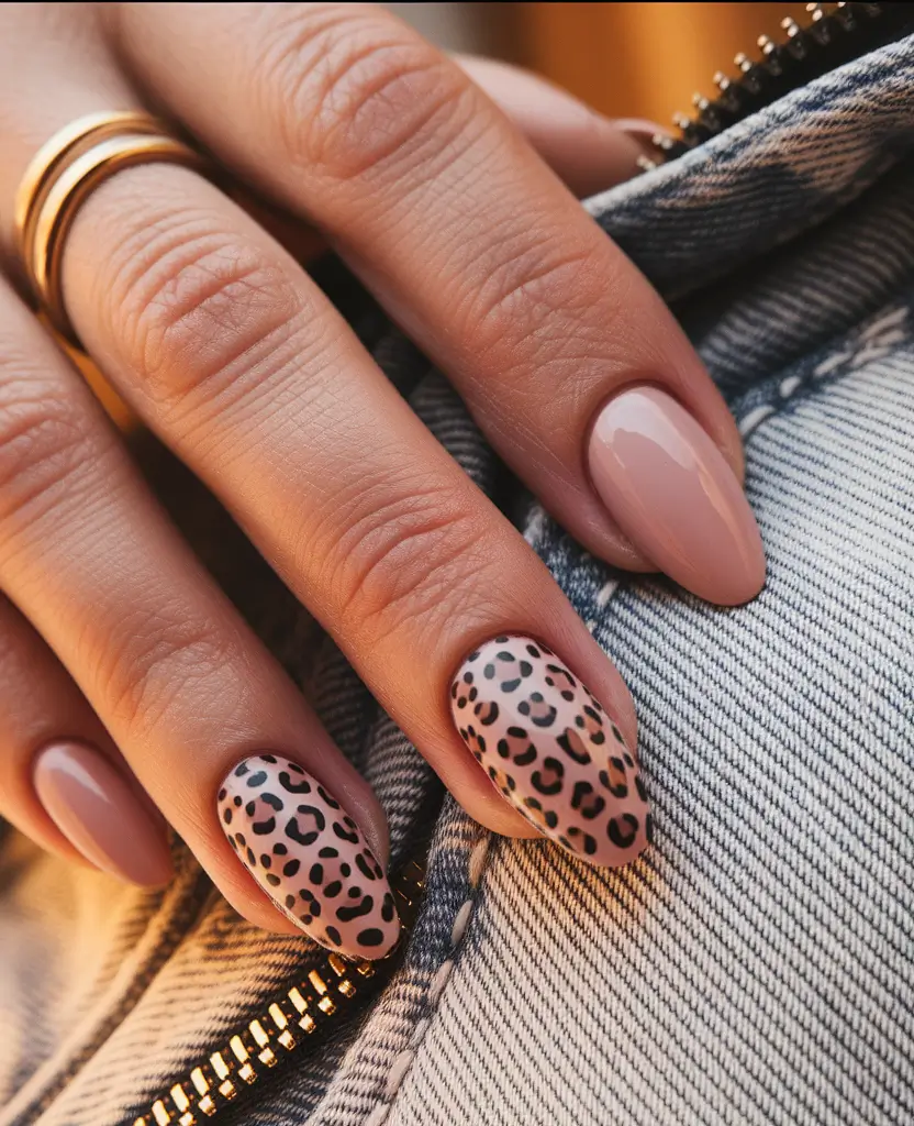 Fall 2025 Oval Shape Nails Glossy Pink Meets Leopard Pop