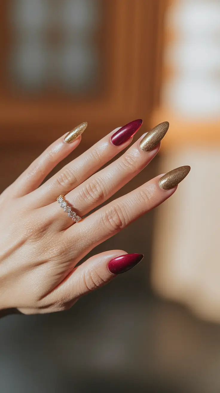 Fall 2025 Oval Shape Nails Burgundy and Gold Alternating Glam