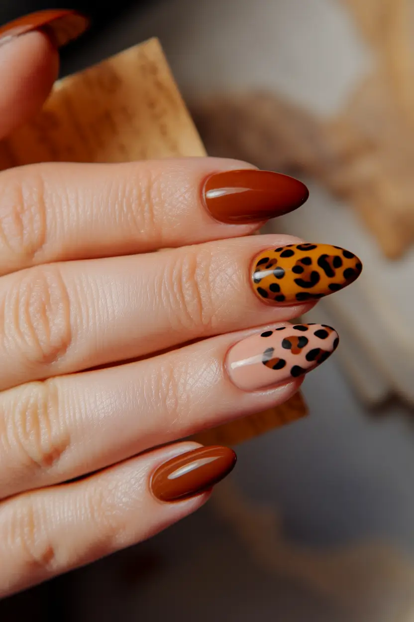 Fall 2025 Oval Shape Nails Leopard Tips and Burnt Caramel Bases