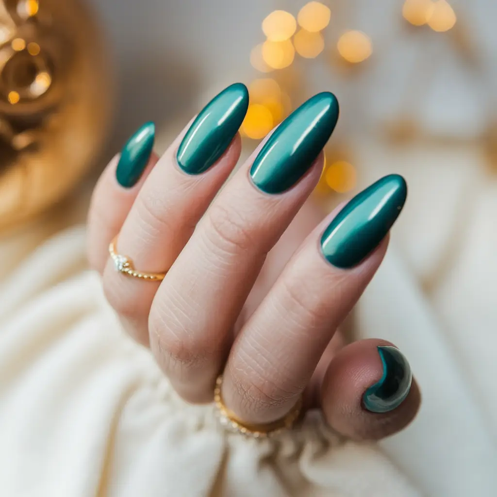 Fall 2025 Oval Shape Nails Emerald Green With Holiday Drama