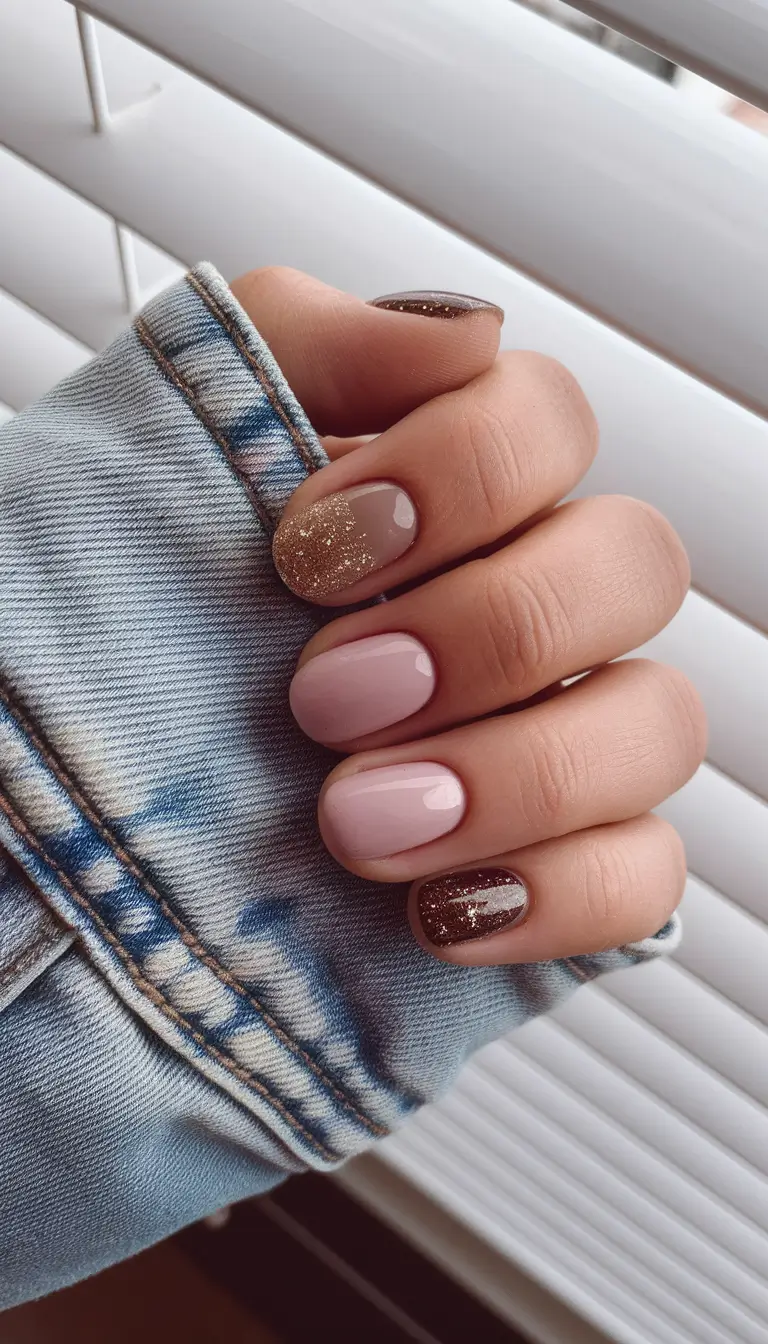 Fall 2025 Round Nail Designs Sparkle & Neutral Mix