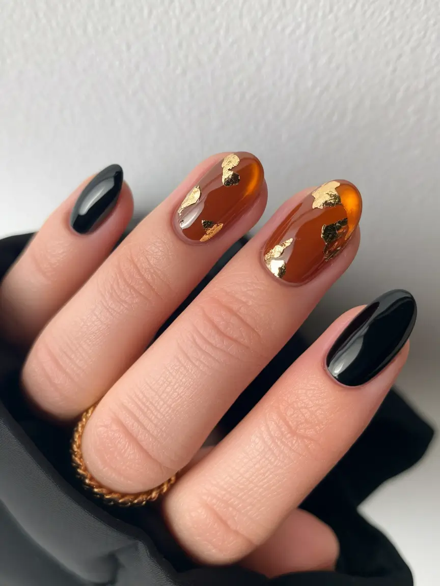 Fall 2025 Round Nail Designs Caramel Glass & Jet Black Contrast