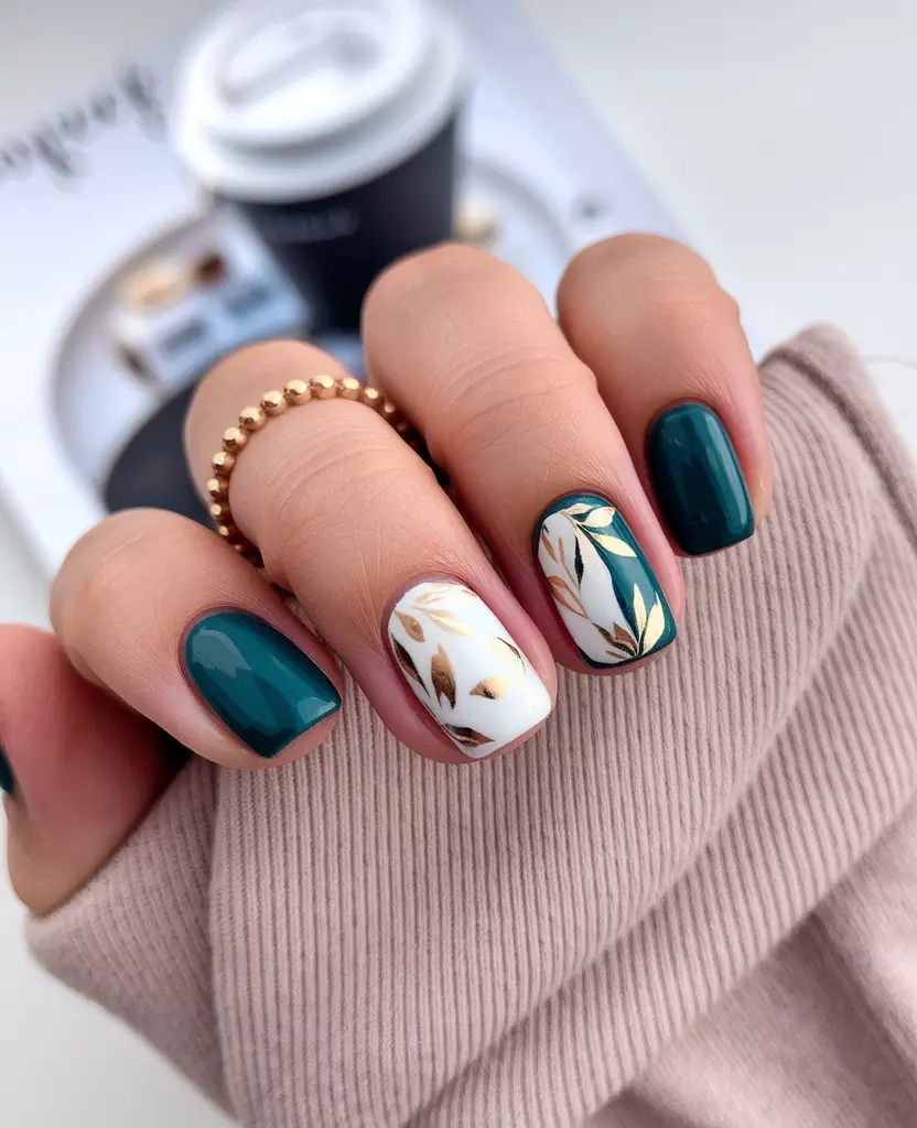 Fall 2025 Round Nail Designs Botanical Green & Gold Accent