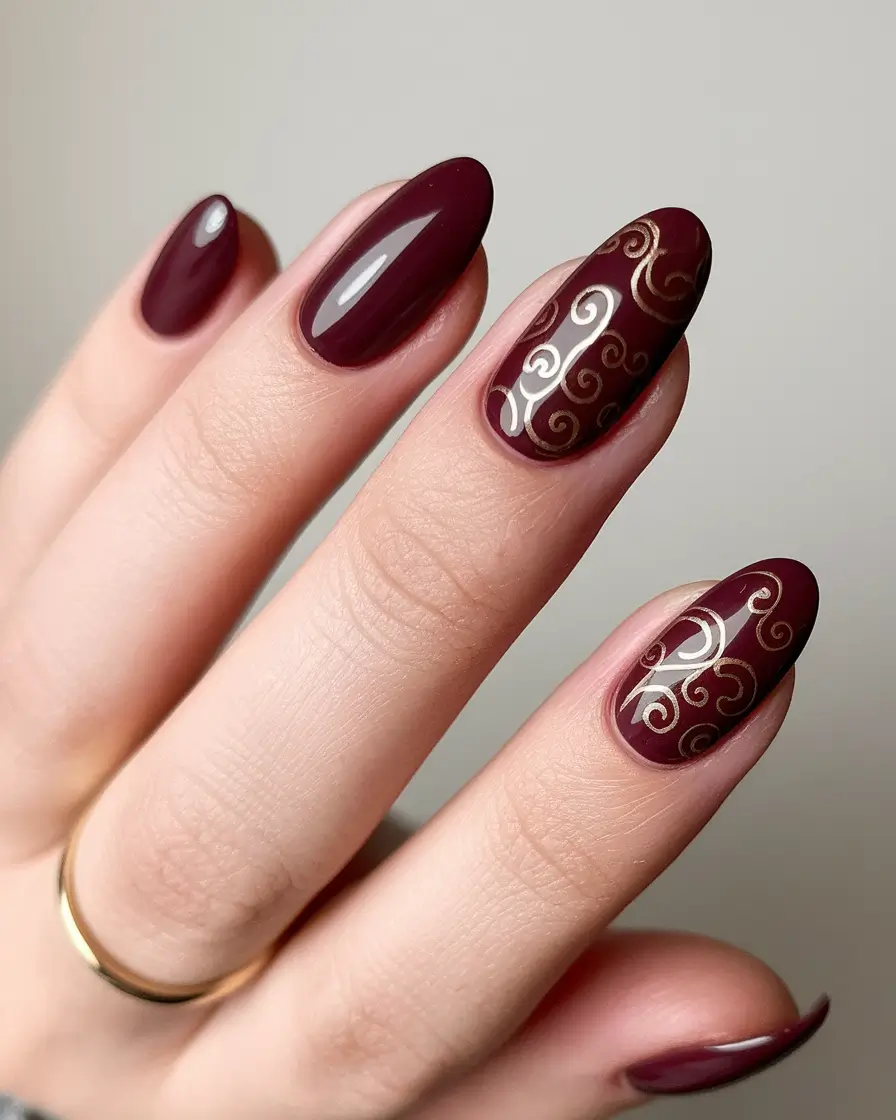 Fall 2025 Round Nail Designs Wine Swirl Elegance