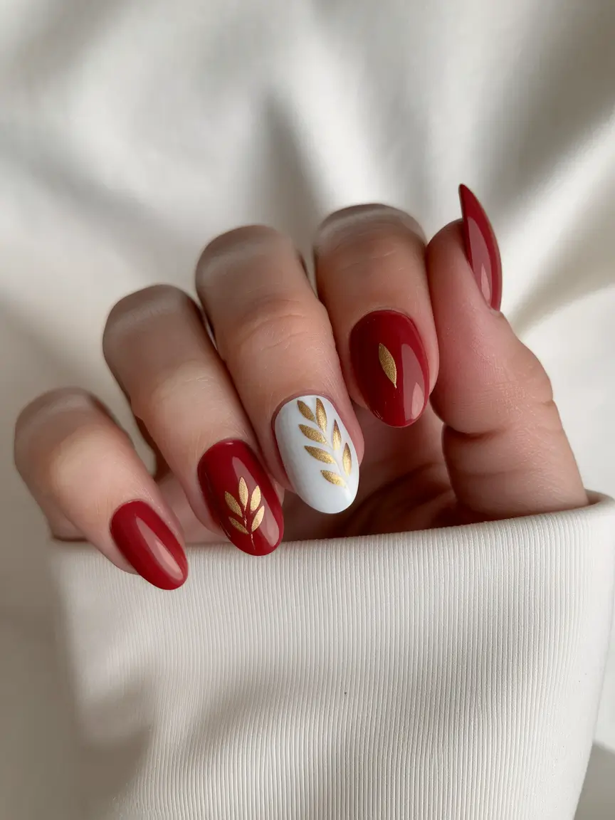 Fall 2025 Round Nail Designs Harvest Red & Gold Leaf Combo