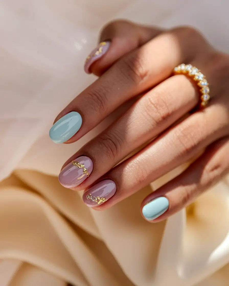 Fall 2025 Round Nail Designs Pastel Glam with Golden Touch