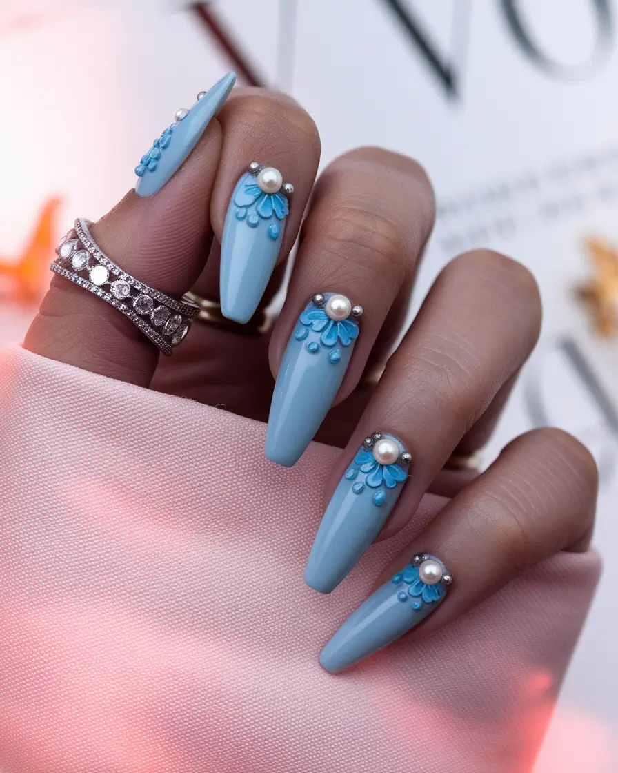 Fall 2025 Season Nail Inspiration Blue Elegance With Pearls and Petal Detail