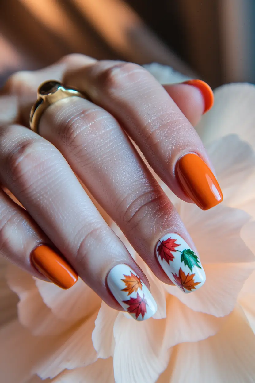 Fall 2025 Season Nail Inspiration Maple Leaf Magic in Crisp Orange