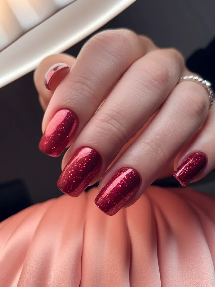 Fall 2025 Season Nail Inspiration Cranberry Sparkle on a Square Set