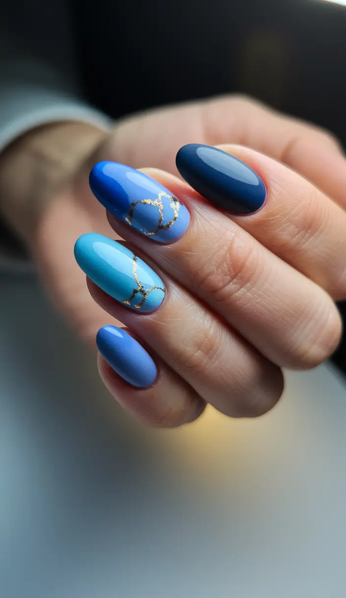 Fall 2025 Season Nail Inspiration Blue Gradient With Gold Veins