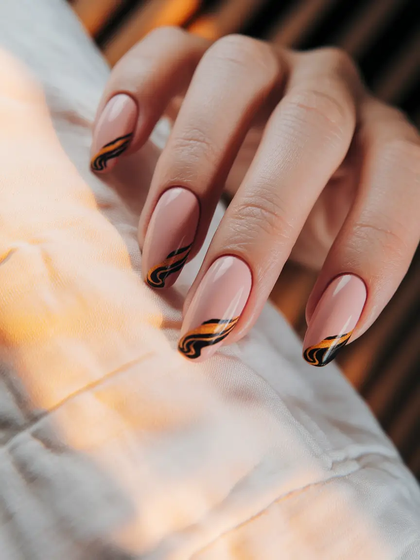 Fall 2025 Season Nail Inspiration Swirled Tips in Burnt Bronze & Black