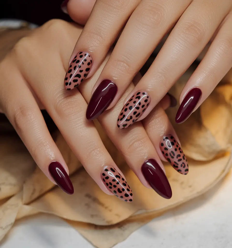 Fall 2025 Season Nail Inspiration Chic Burgundy Meets Animal Print