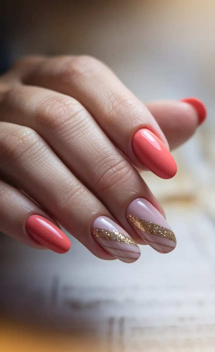 Fall 2025 Season Nail Inspiration Peachy Glam With Gold Ribbon Stripes