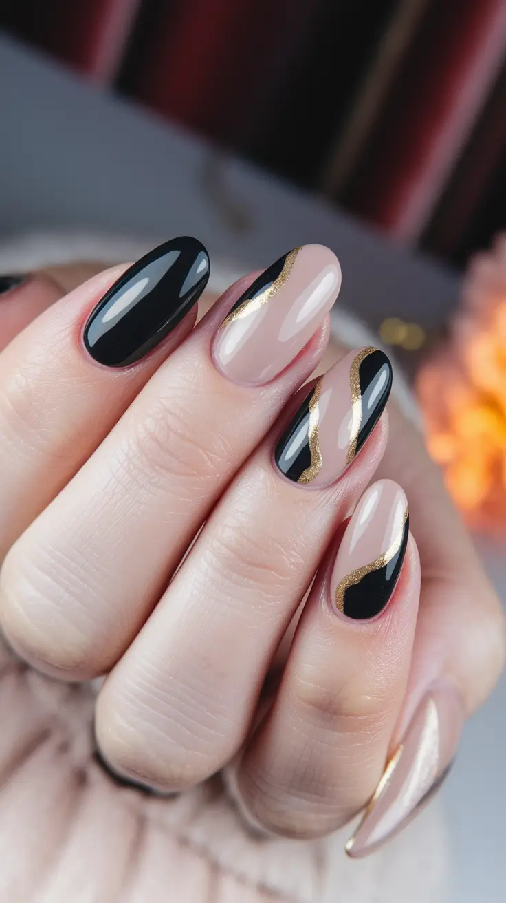 Fall 2025 Season Nail Inspiration Black & Gold Waves on Nude Base