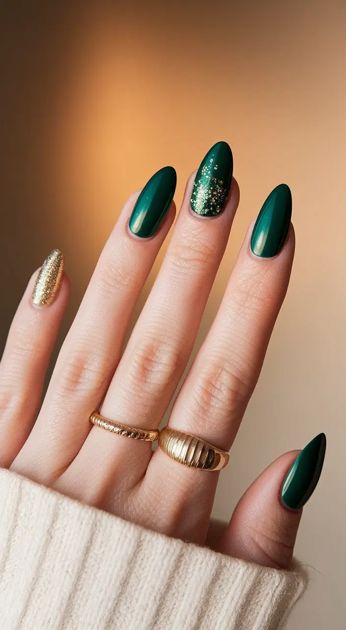 Fall 2025 Season Nail Inspiration Enchanted Forest Greens With Gold Accent