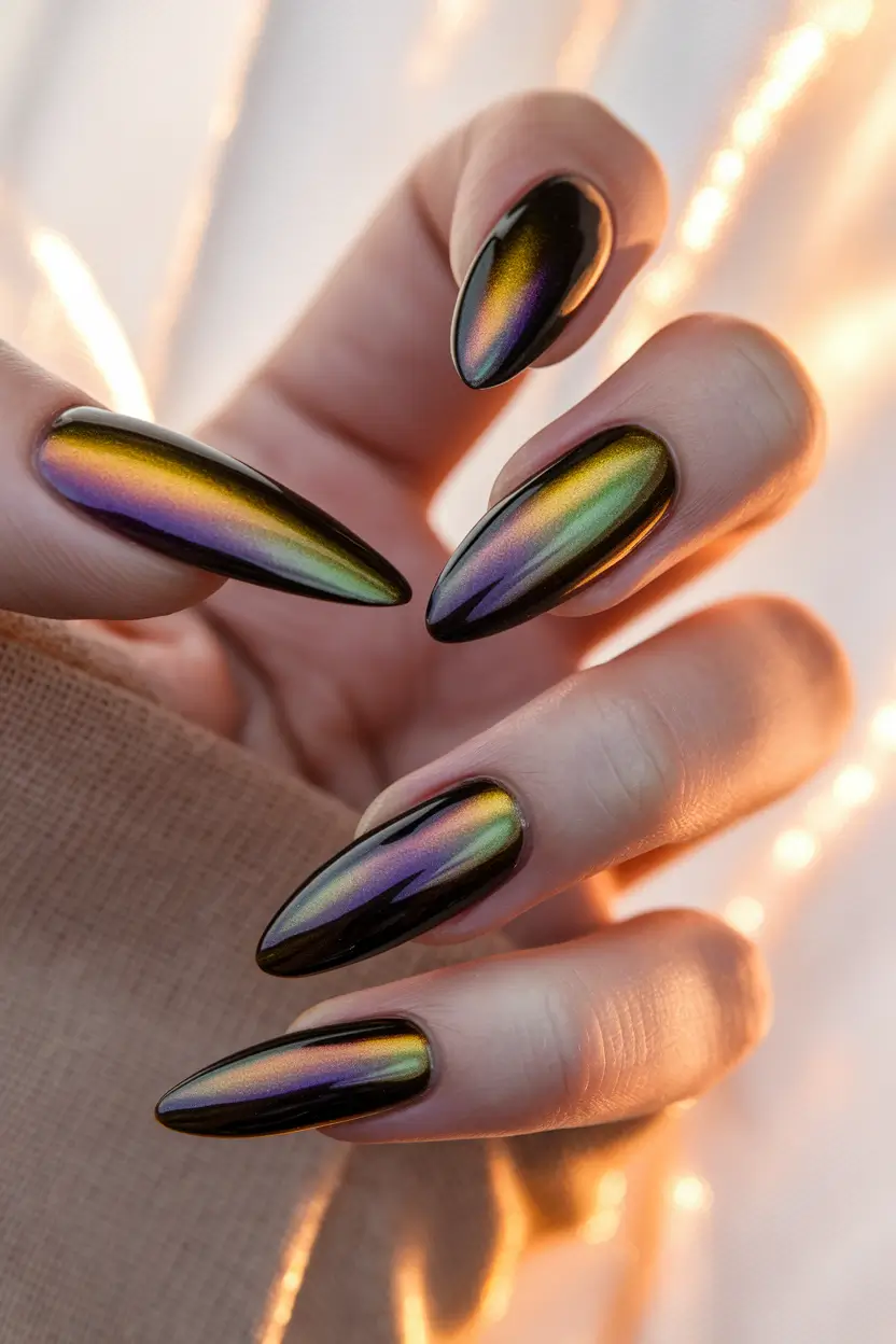 Fall Almond-Shaped Nails 2025 Ideas Chrome Sunset Reflection