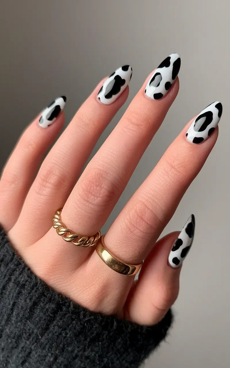 Fall Almond-Shaped Nails 2025 Ideas Monochrome Cow-Print Whimsy