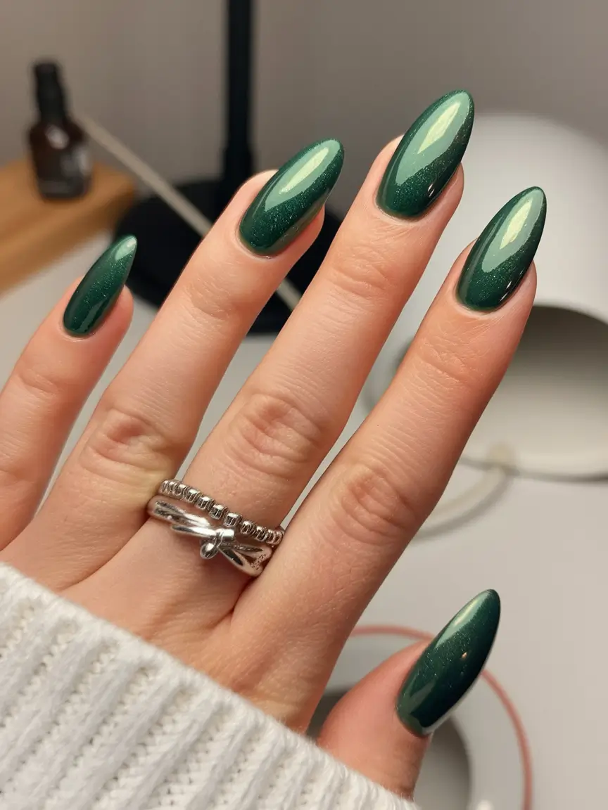 Fall Almond-Shaped Nails 2025 Ideas Emerald Gemstone Glow