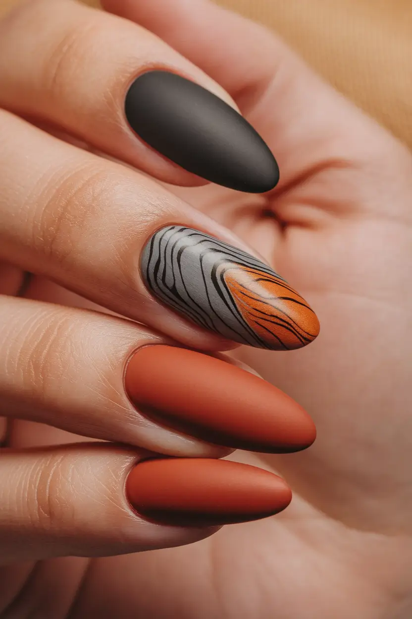 Fall Almond-Shaped Nails 2025 Ideas Matte Earth & Flame Detail