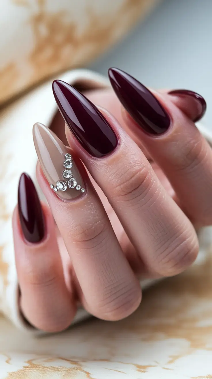 Fall Almond-Shaped Nails 2025 Ideas Wine Glam with Crystal Accent
