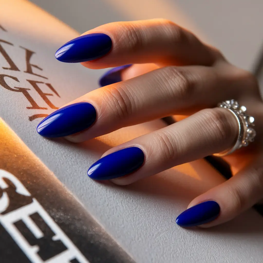 Fall Almond-Shaped Nails 2025 Ideas Midnight Royal Blue Shine