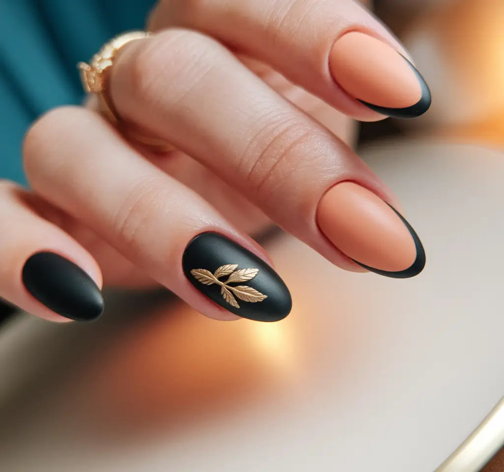 Fall Almond-Shaped Nails 2025 Ideas Matte Peach French with Leaf Detail