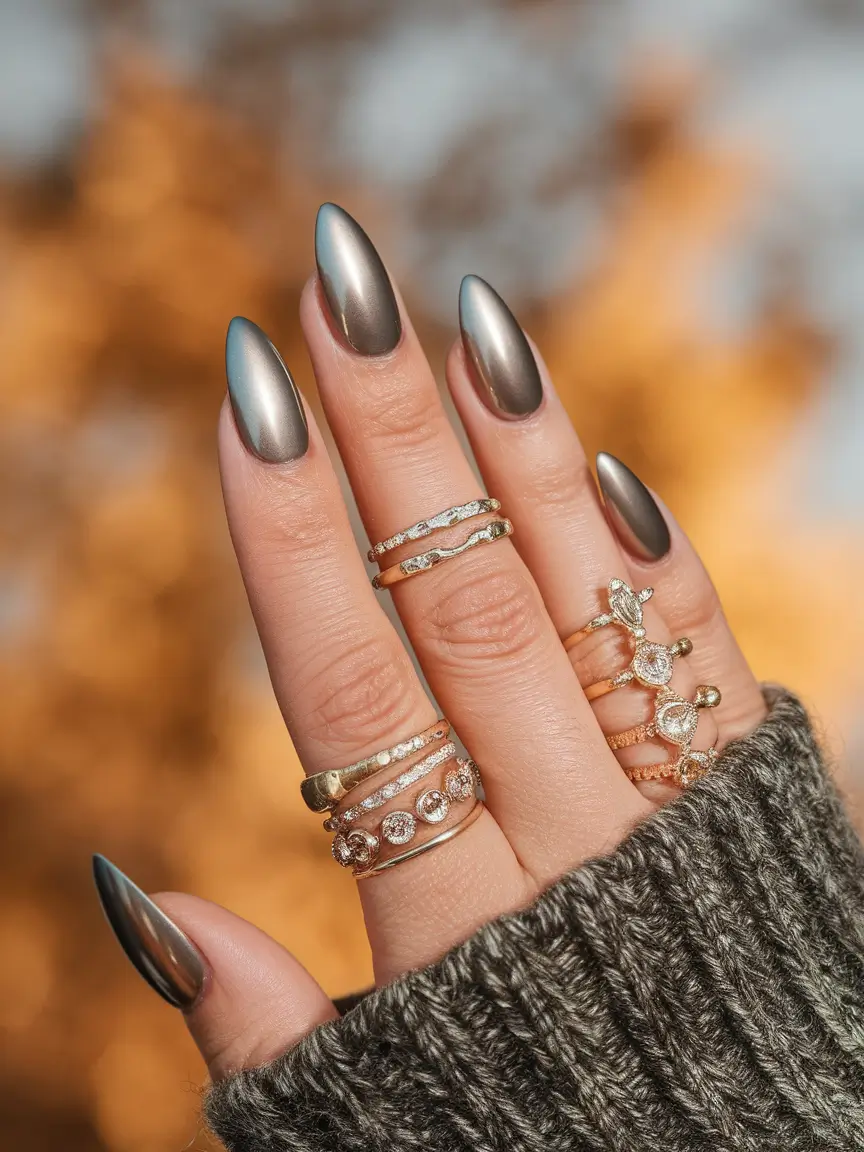 Fall Almond-Shaped Nails 2025 Ideas Gunmetal Mirror Chrome