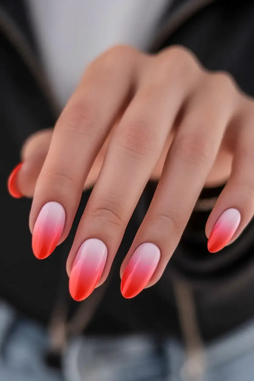 Fall Almond-Shaped Nails 2025 Ideas Coral-Red Ombre Fade