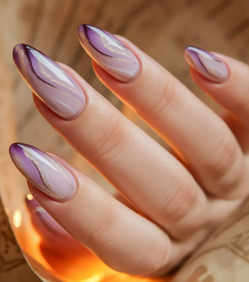 Fall Almond-Shaped Nails 2025 Ideas Lavender Swirl Art