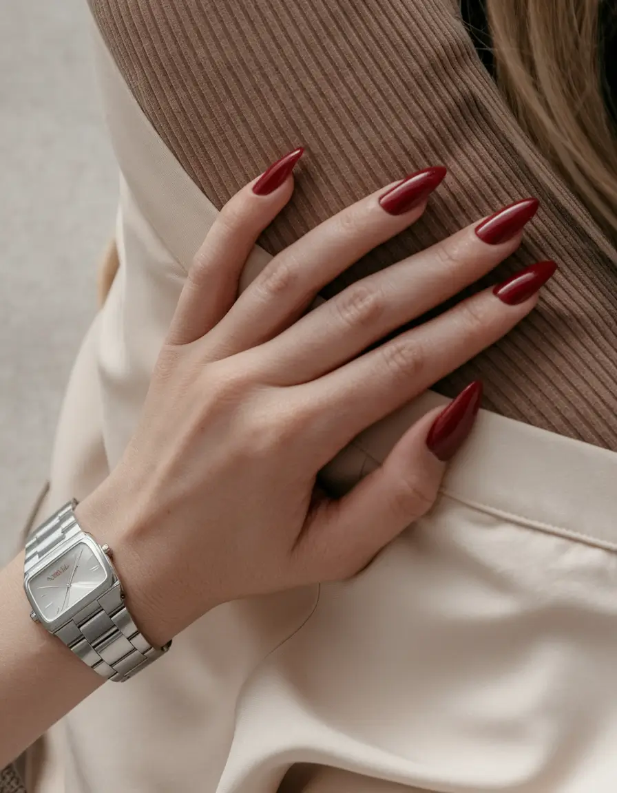 Fall Almond-Shaped Nails 2025 Ideas Classic Garnet Gloss