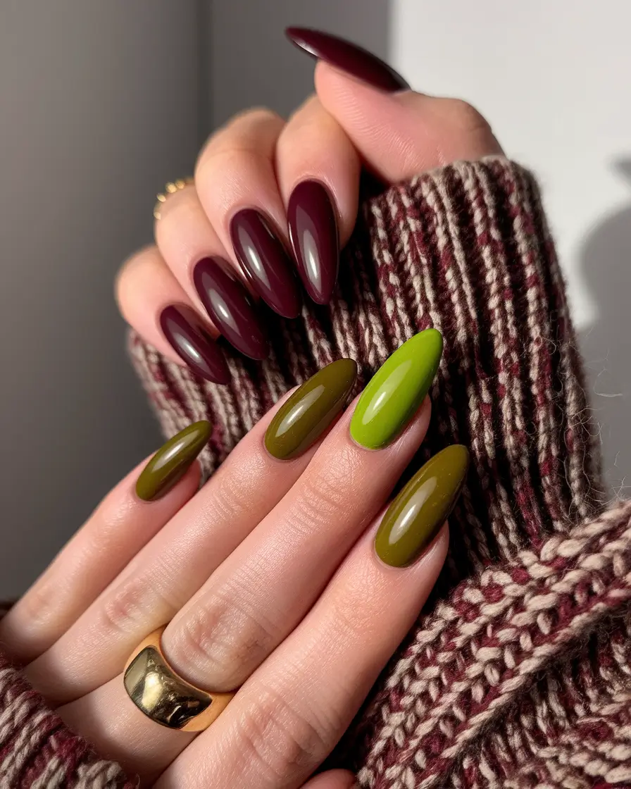 Fall Almond-Shaped Nails 2025 Ideas Olive and Wine Color Clash