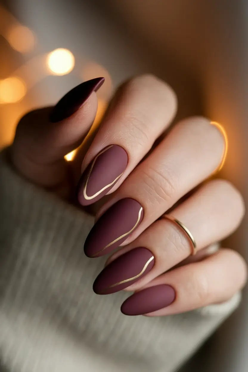Fall Almond-Shaped Nails 2025 Ideas Matte Plum with Gold Accent