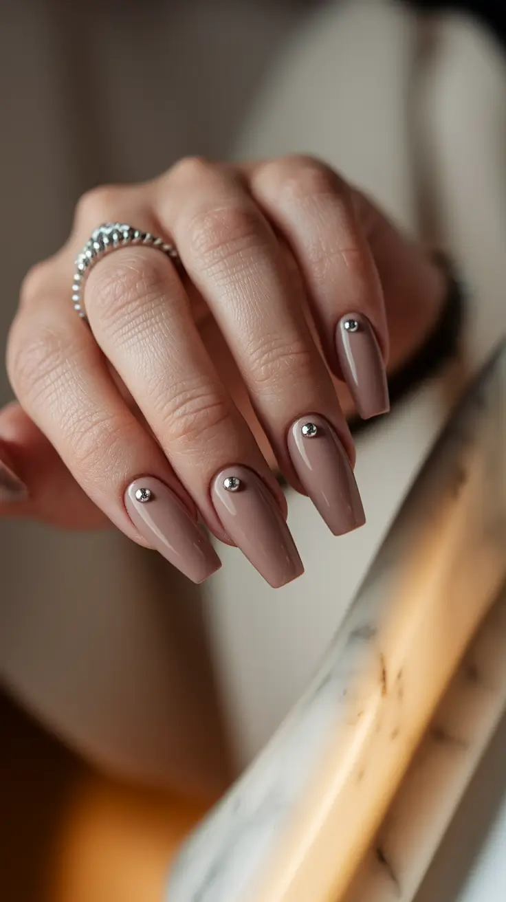 Fall Coffin Nail Designs 2025 Neutral Mocha with Minimalist Bling