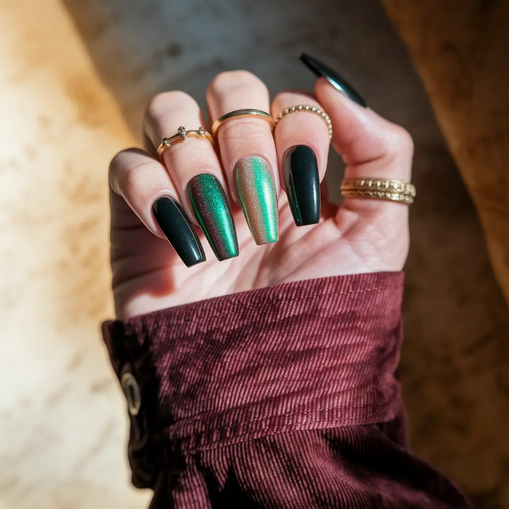 Fall Coffin Nail Designs 2025 Emerald Velvet Vibes with a Twist
