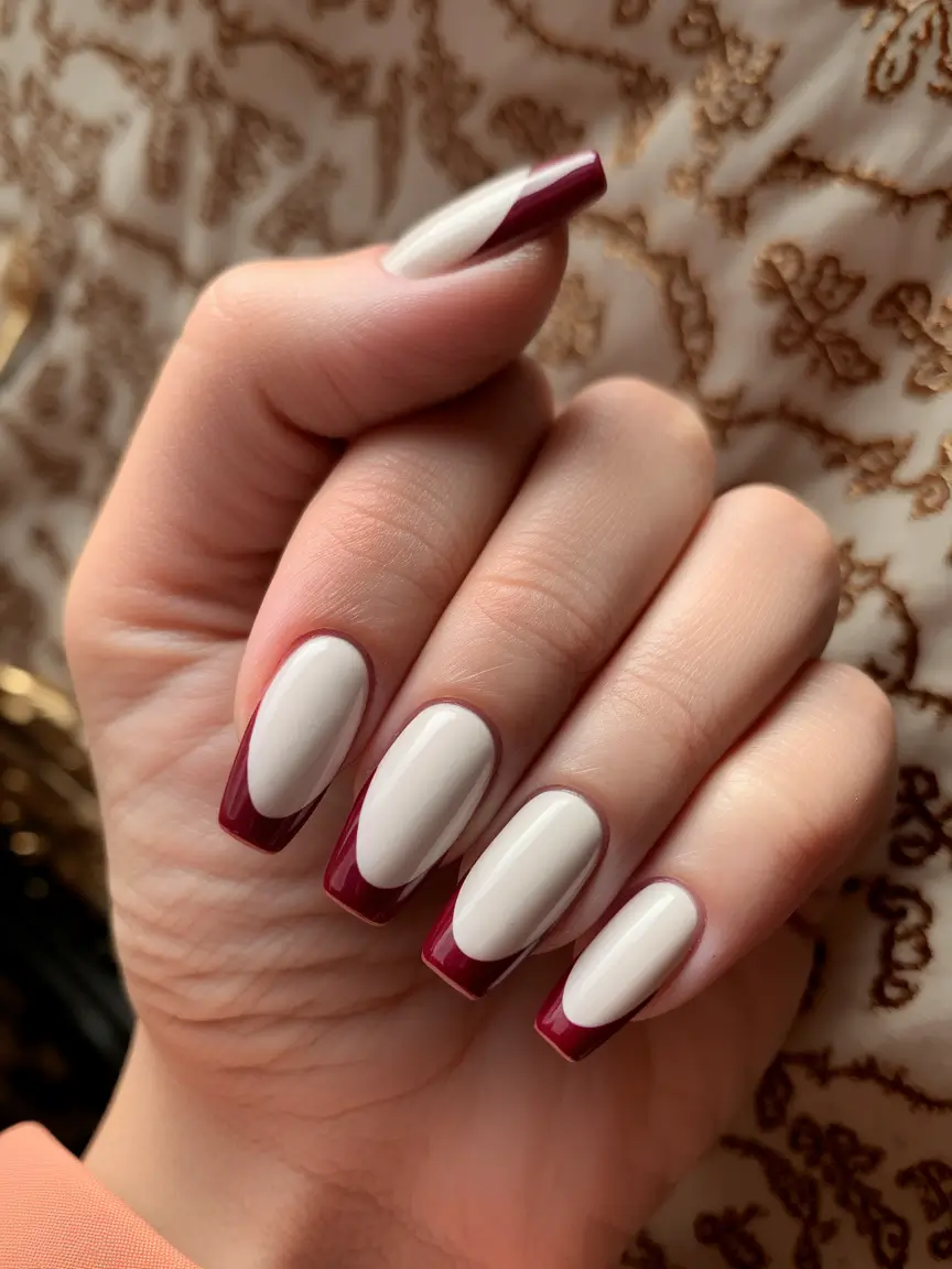 Fall Coffin Nail Designs 2025 Twisted French in Cranberry Cream