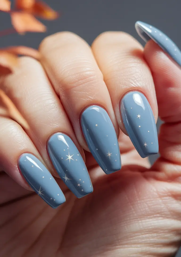 Fall Coffin Nail Designs 2025 Stardust Blue for Chill Weather Days