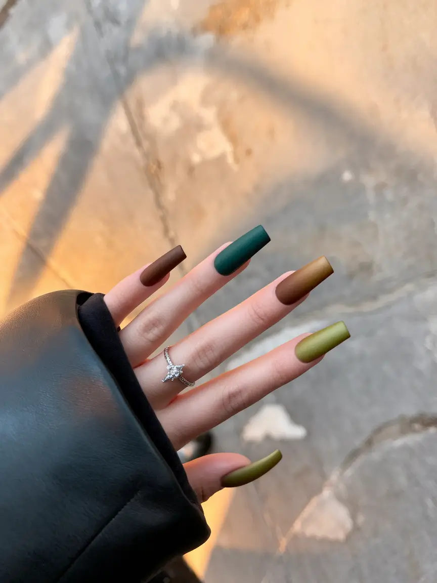 Fall Coffin Nail Designs 2025 Matte Forest Vibes in a Multi-Tone Dream