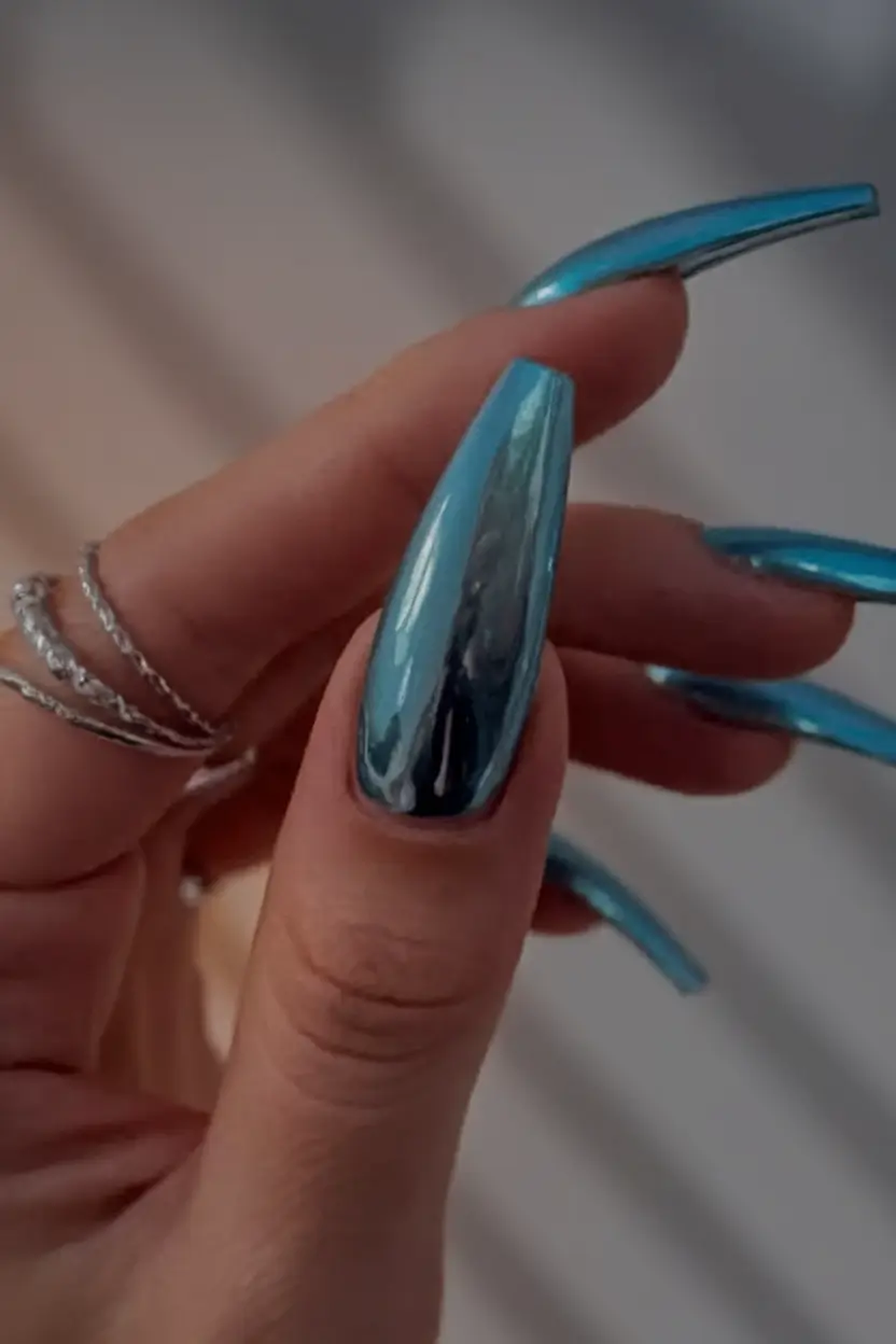 Fall Coffin Nail Designs 2025 Chrome Aqua for the Bold Souls