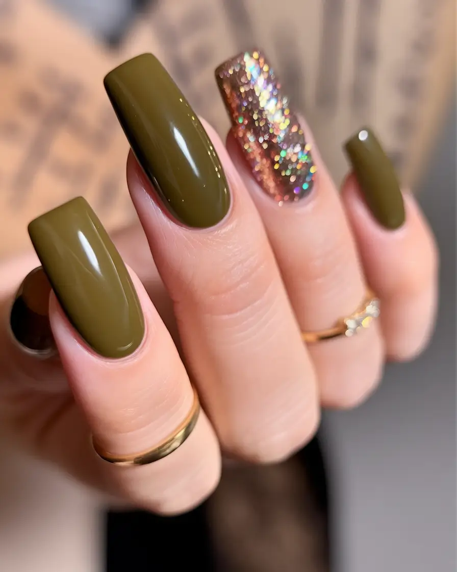 Fall Coffin Nail Designs 2025 Olive Luxe with a Touch of Sparkle